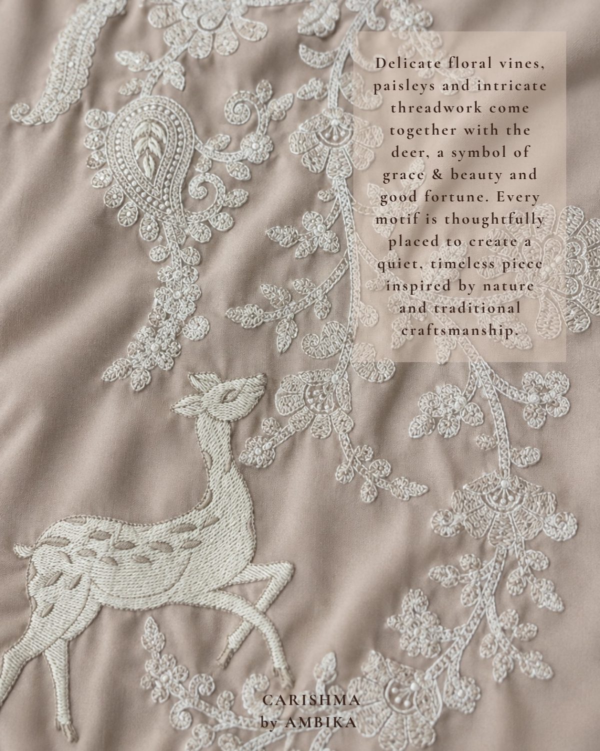 Deer motif in white threadwork