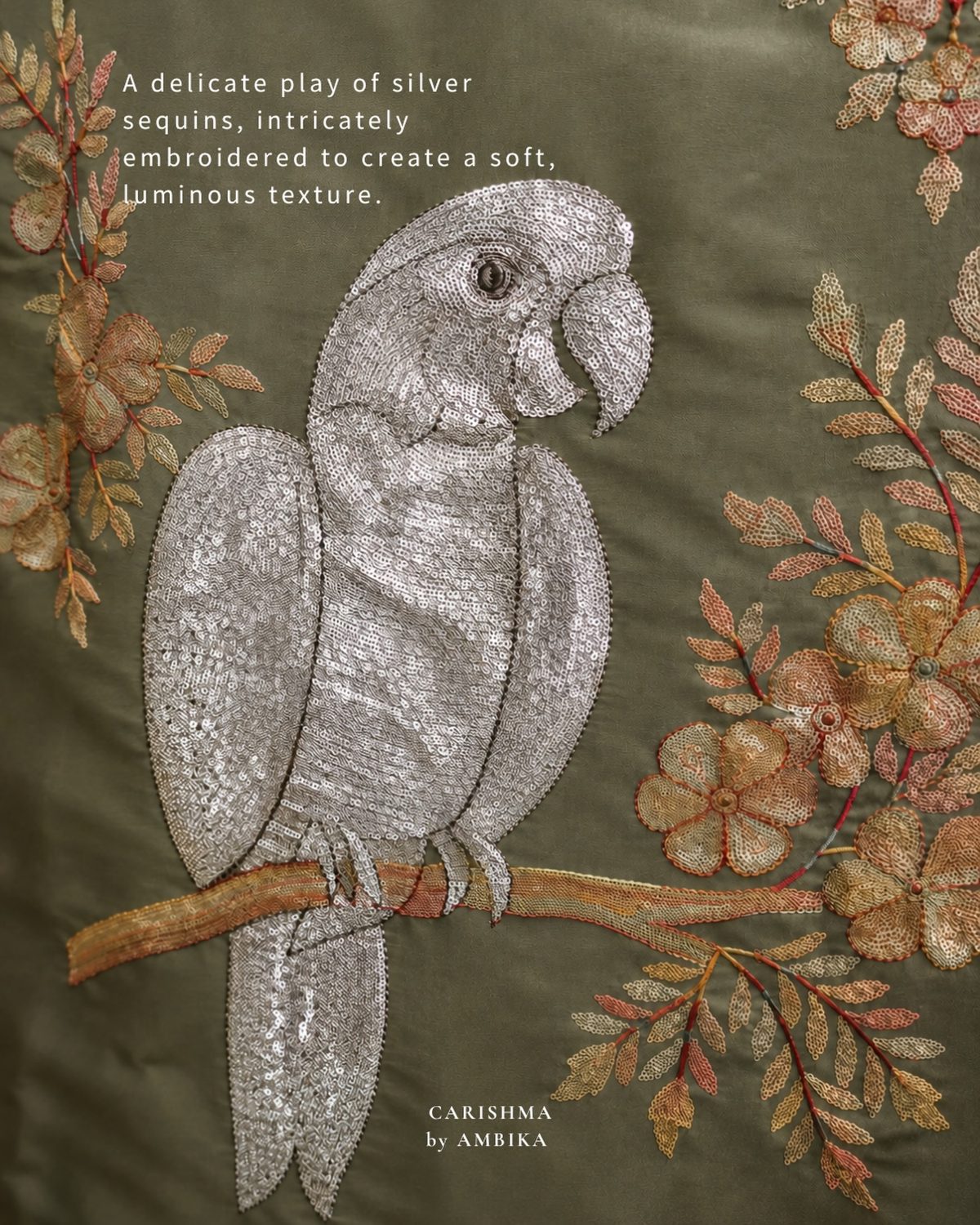 Parrot motif in silver sequins on olive