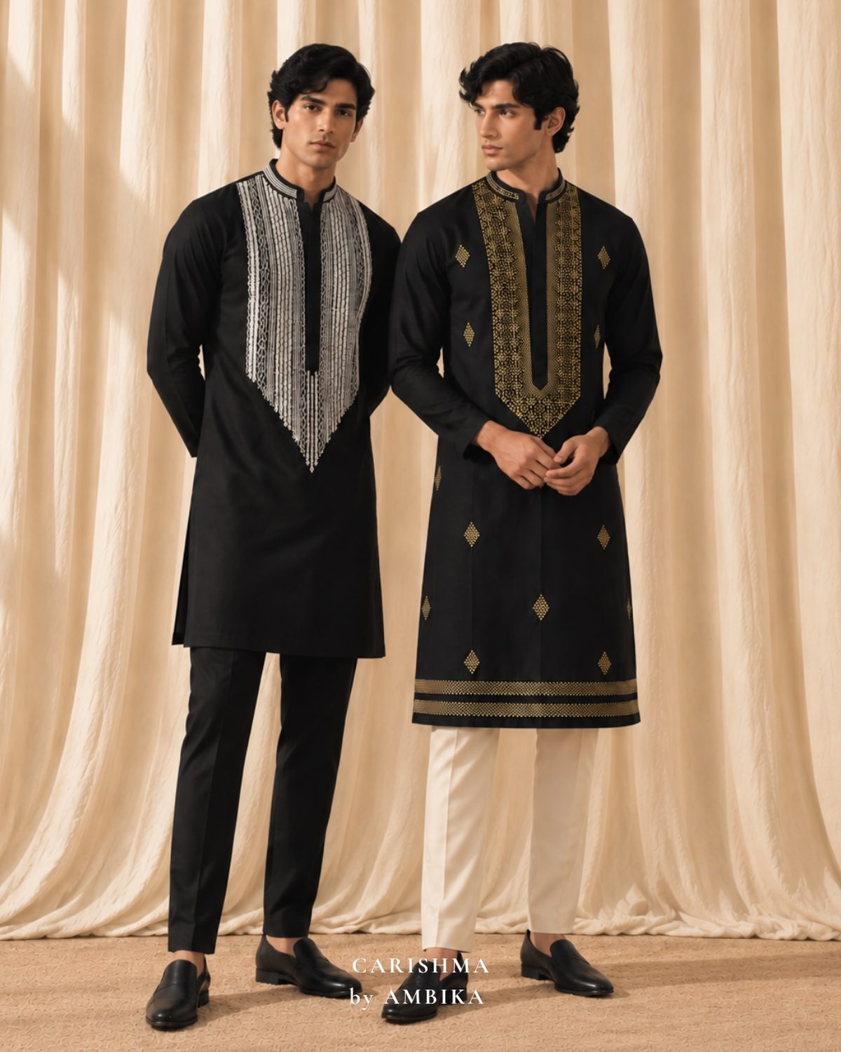 Two black kurtas with gold embroidered plackets