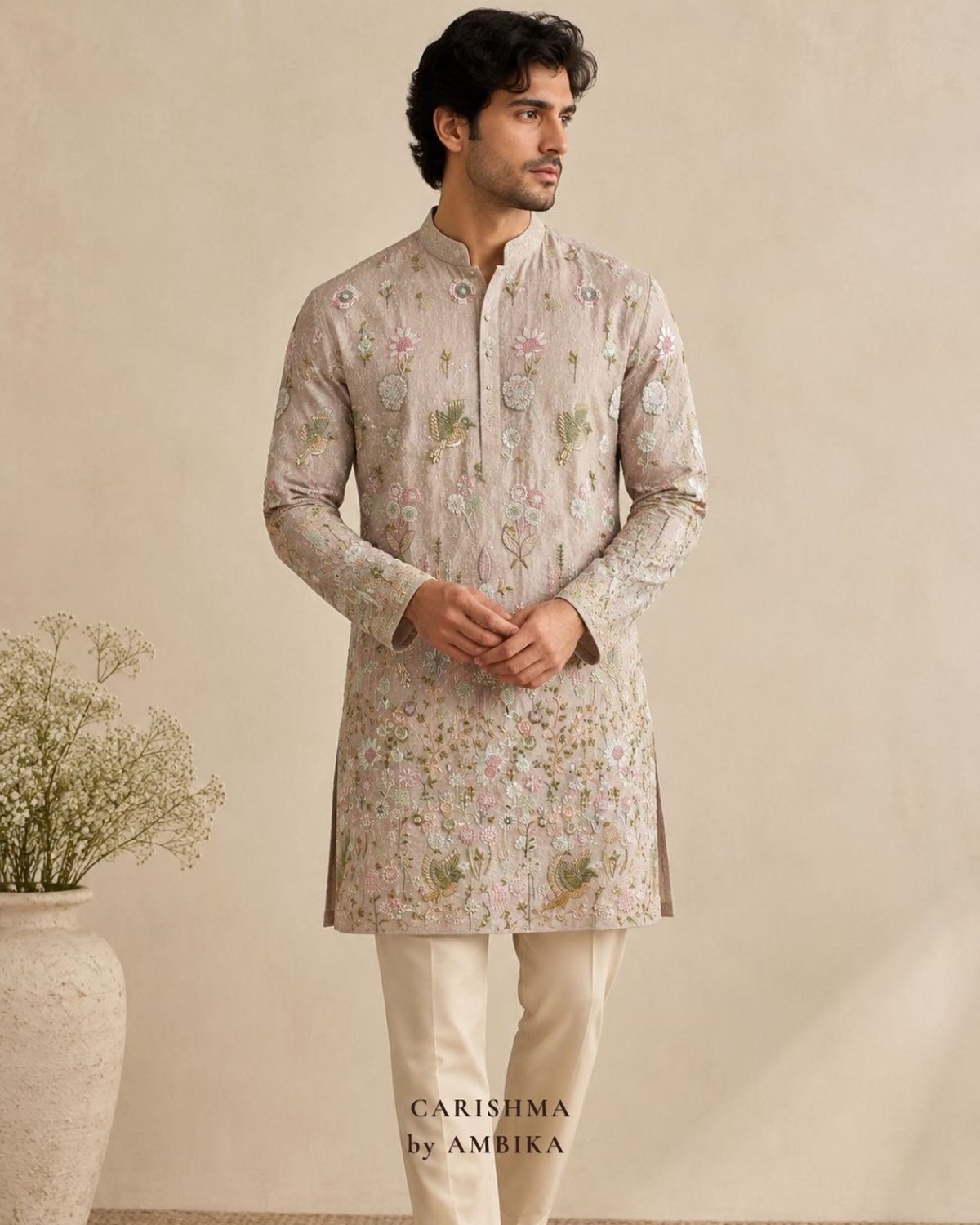 Blush kurta with floral embroidery