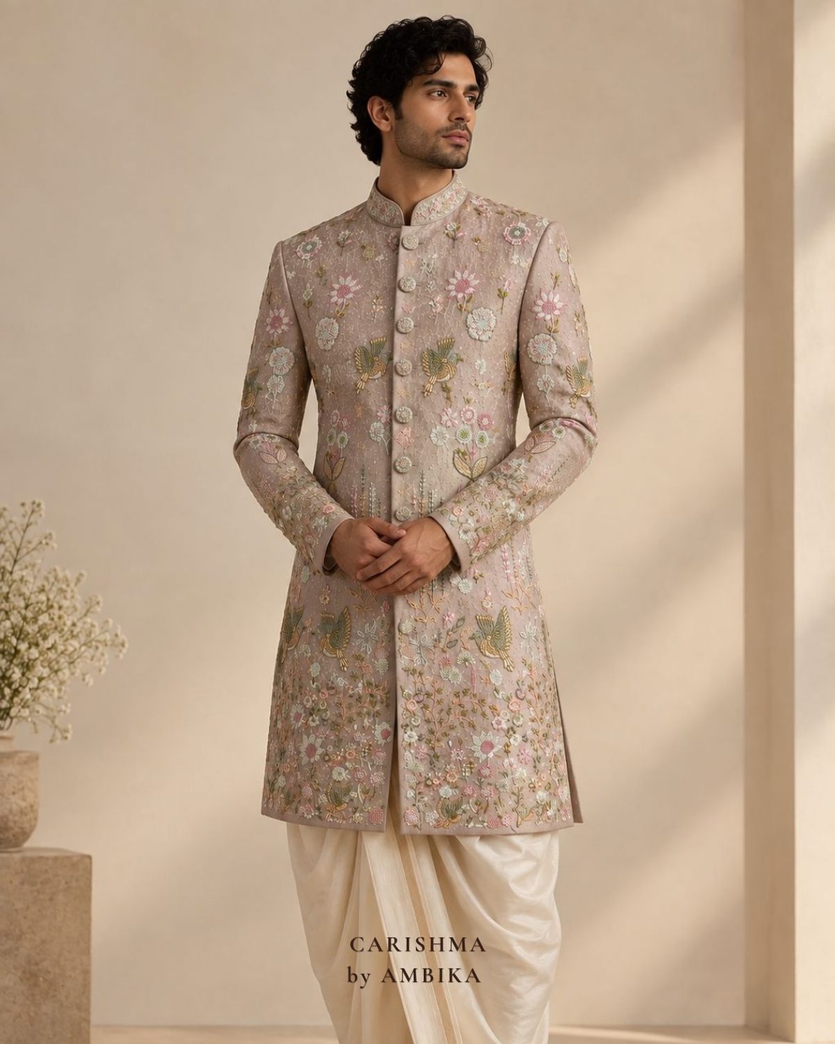 Blush sherwani with floral embroidery, worn with a dhoti