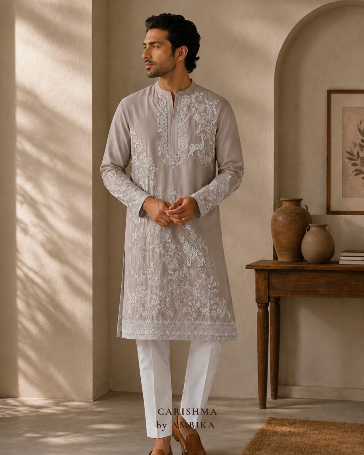 Grey kurta with tonal threadwork
