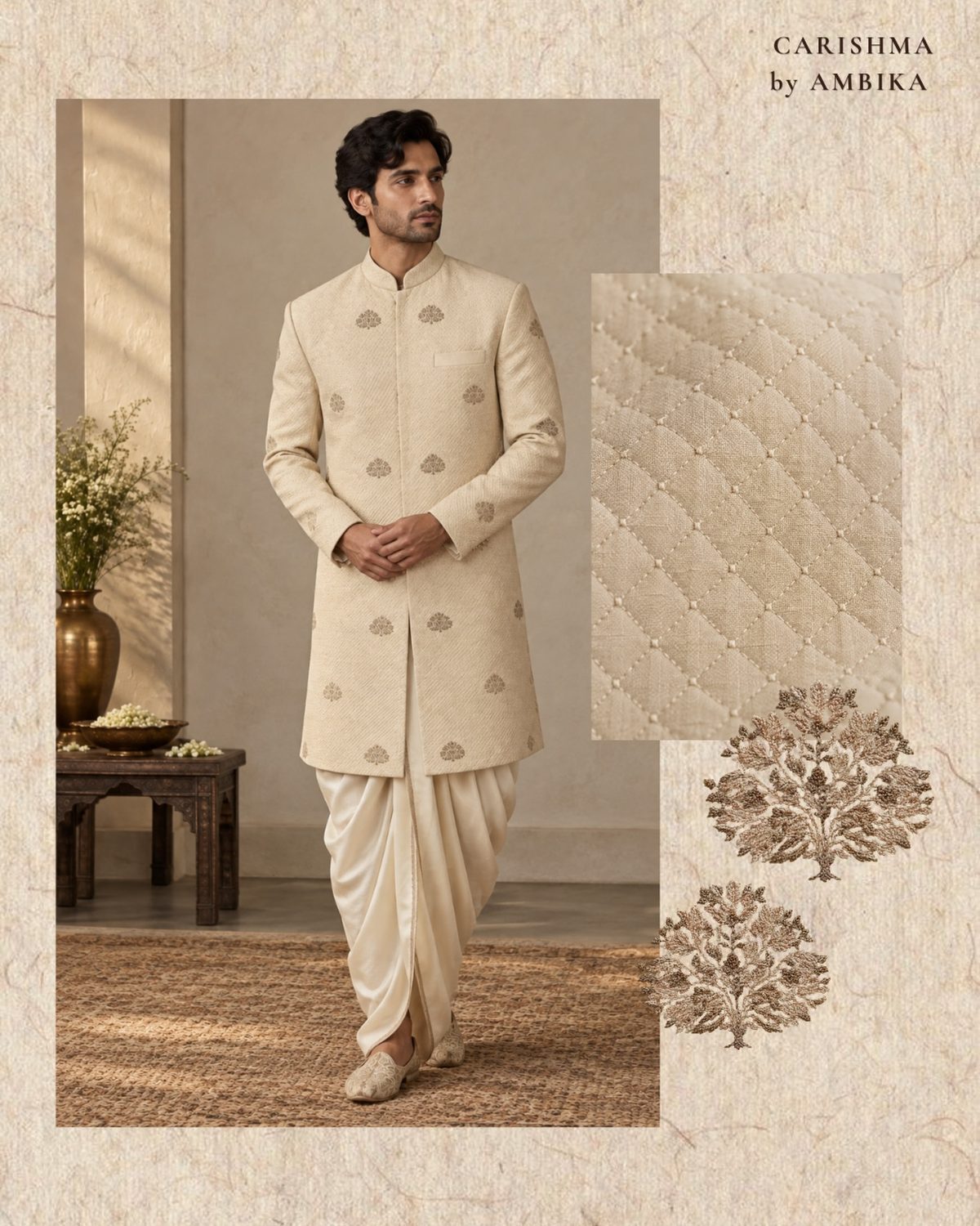 Ivory sherwani with dhoti, fabric swatch and motif