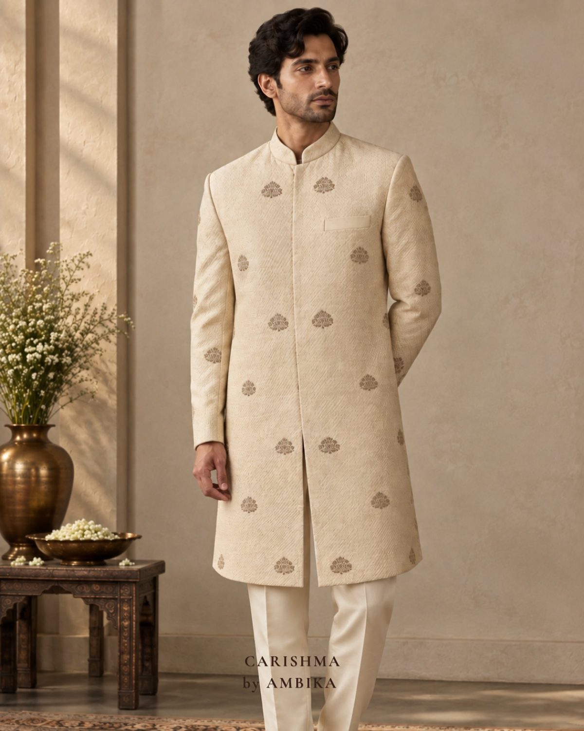 Ivory sherwani with tonal woven motifs, worn with a white churidar