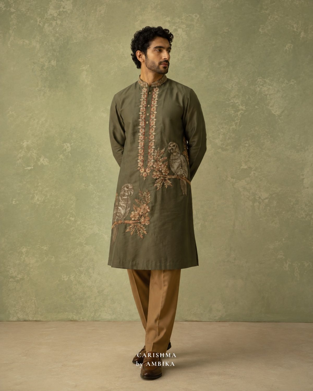 Olive kurta with floral sequin embroidery